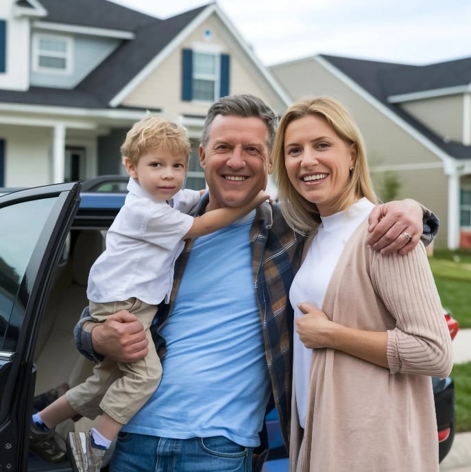 A smiling family of three stands outside near a car and house; the father holds a young boy, and the mother stands beside them. They all appear happy and close together.