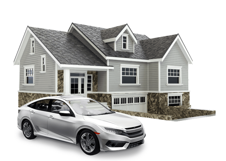 A silver sedan car is parked in front of a modern two-story grey house with white trim and a stone foundation, isolated on a white background.