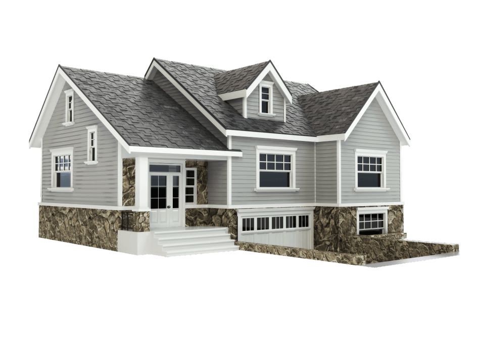A two-story gray house with white trim, stone accents, a covered front porch, multiple gabled roofs, and a built-in garage. The house is isolated on a white background.