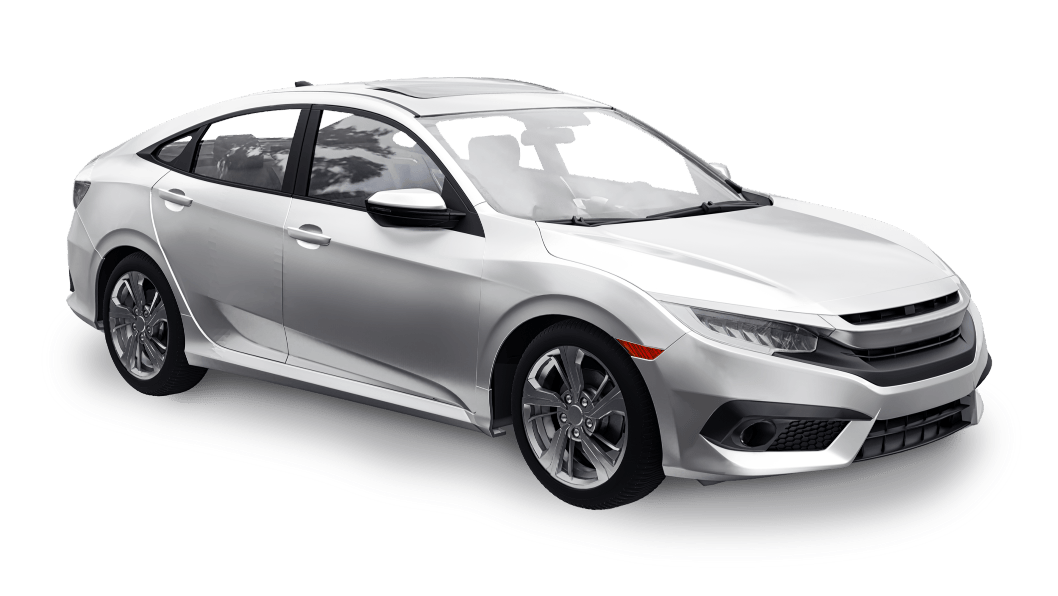 A silver sedan car viewed from the front side angle, showing four doors, alloy wheels, and a sunroof, isolated on a white background.